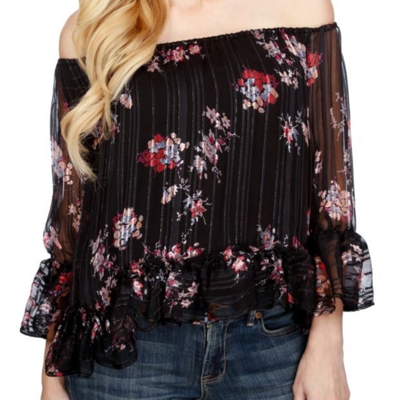 Lucky Brand Sheer Off-Shoulder Floral Peasant Top - Picture 2 of 8